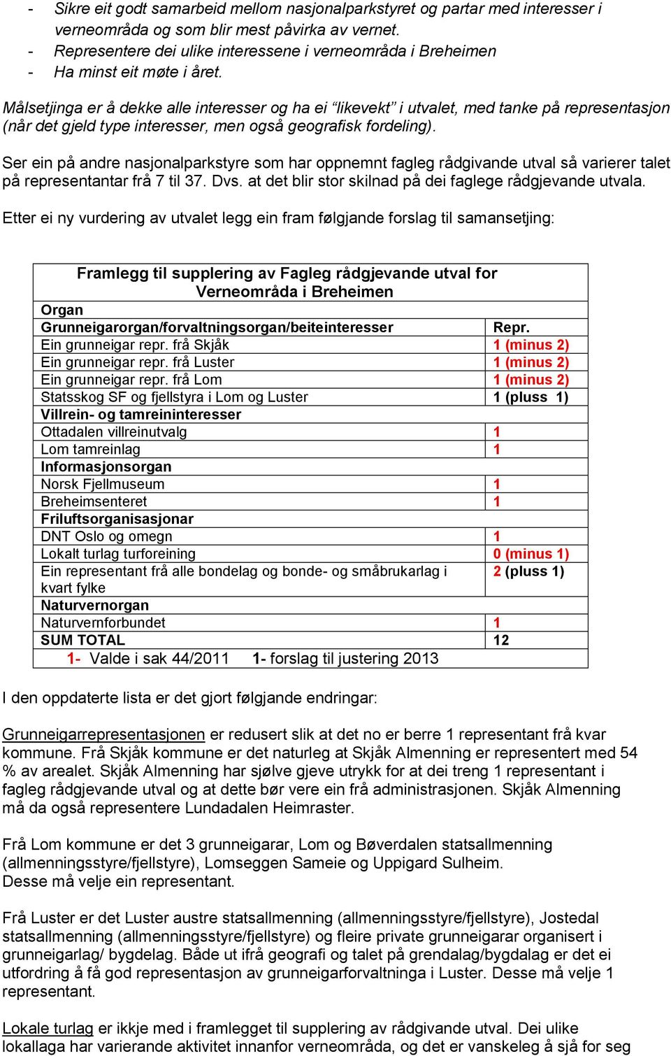 Målsetjinga er å dekke alle interesser og ha ei likevekt i utvalet, med tanke på representasjon (når det gjeld type interesser, men også geografisk fordeling).