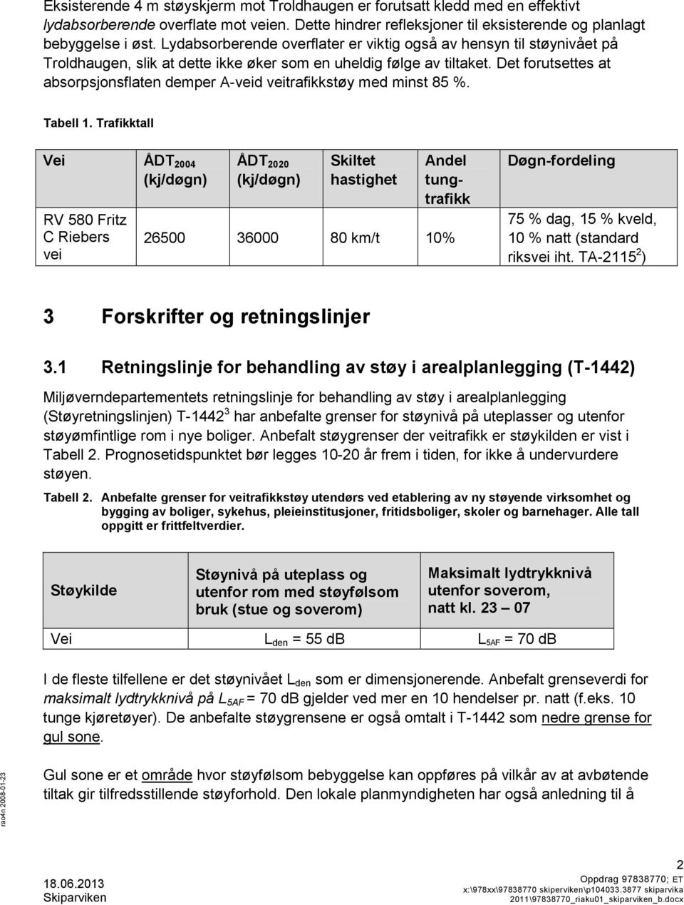 Det forutsettes at absorpsjonsflaten demper A-veid veitrafikkstøy med minst 85 %. Tabell 1.