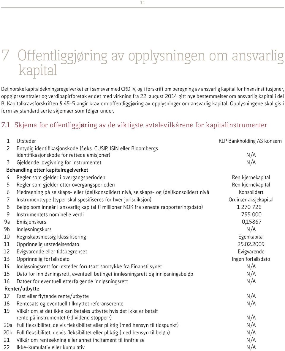 Kapitalkravsforskriften 45-5 angir krav om offentliggjøring av opplysninger om ansvarlig kapital. Opplysningene skal gis i form av standardiserte skjemaer som følger under. 7.