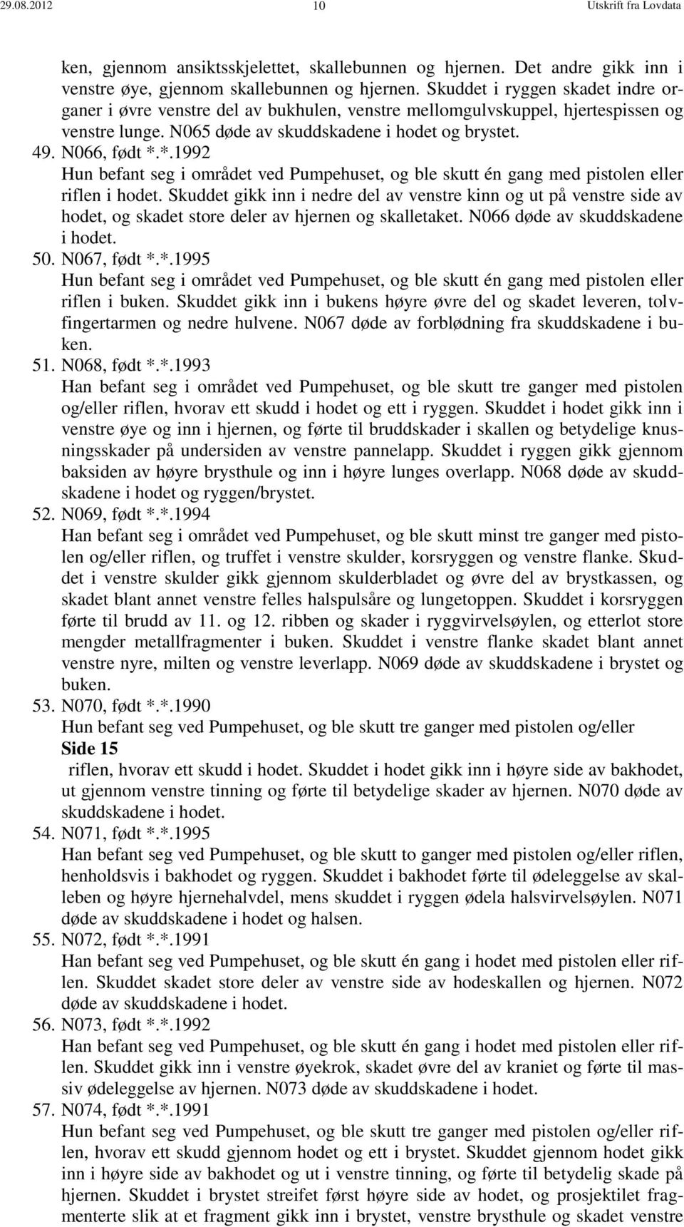 *.1992 Hun befant seg i området ved Pumpehuset, og ble skutt én gang med pistolen eller riflen i hodet.