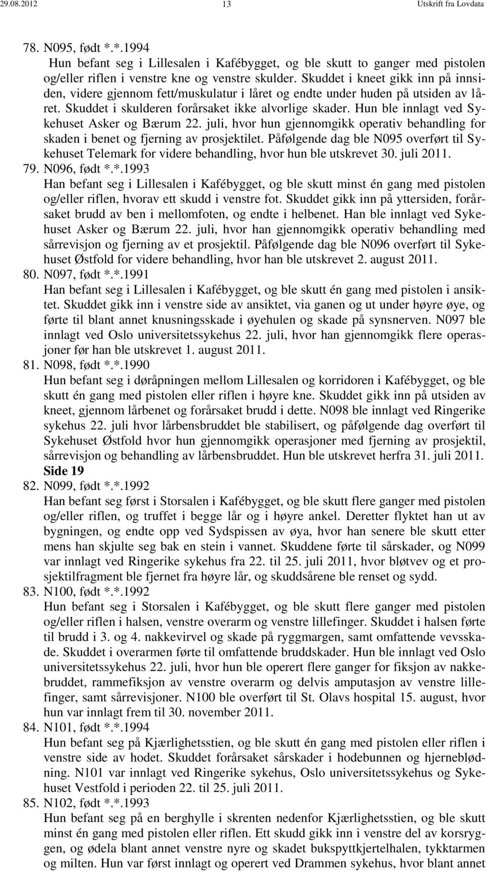 Hun ble innlagt ved Sykehuset Asker og Bærum 22. juli, hvor hun gjennomgikk operativ behandling for skaden i benet og fjerning av prosjektilet.