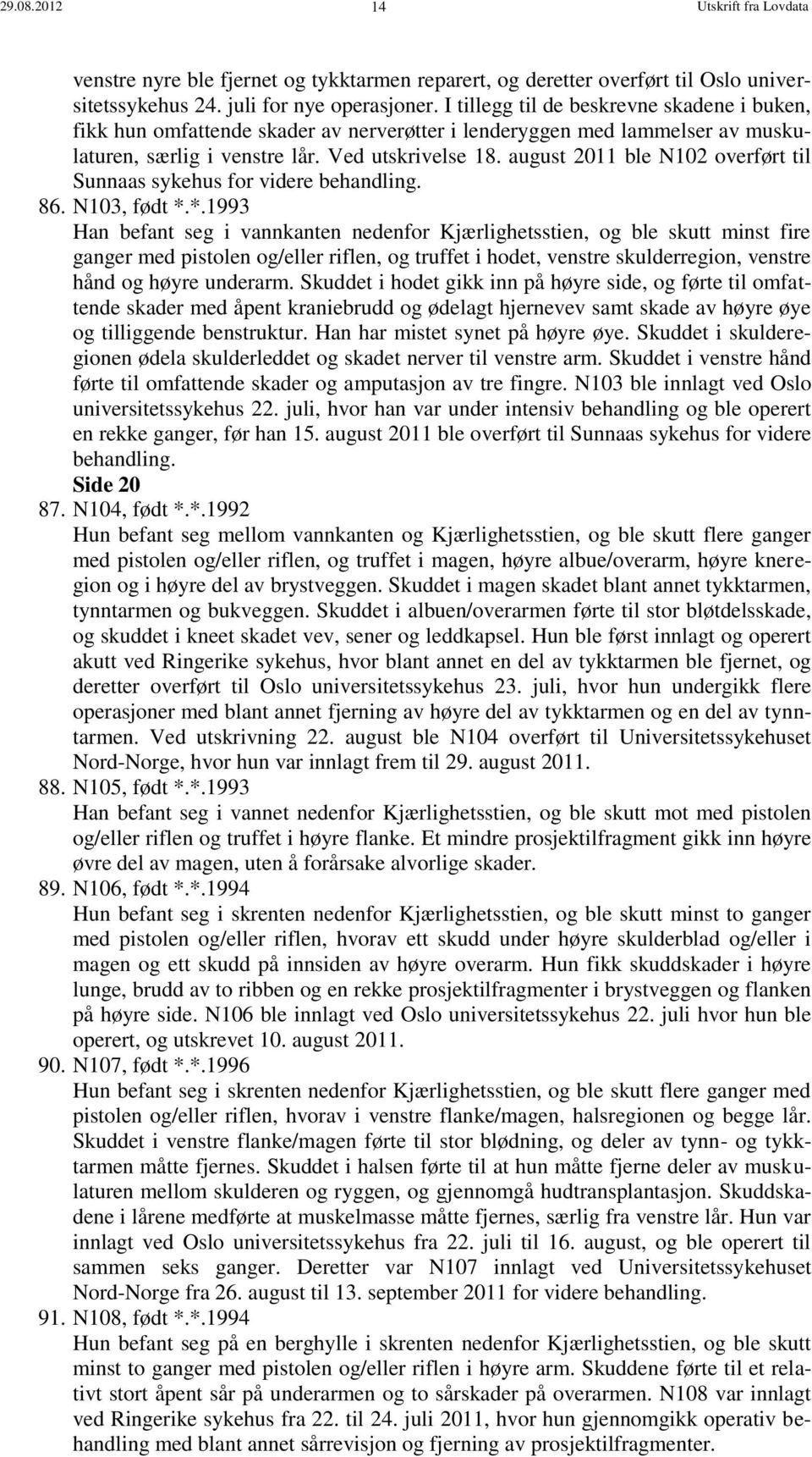 august 2011 ble N102 overført til Sunnaas sykehus for videre behandling. 86. N103, født *.