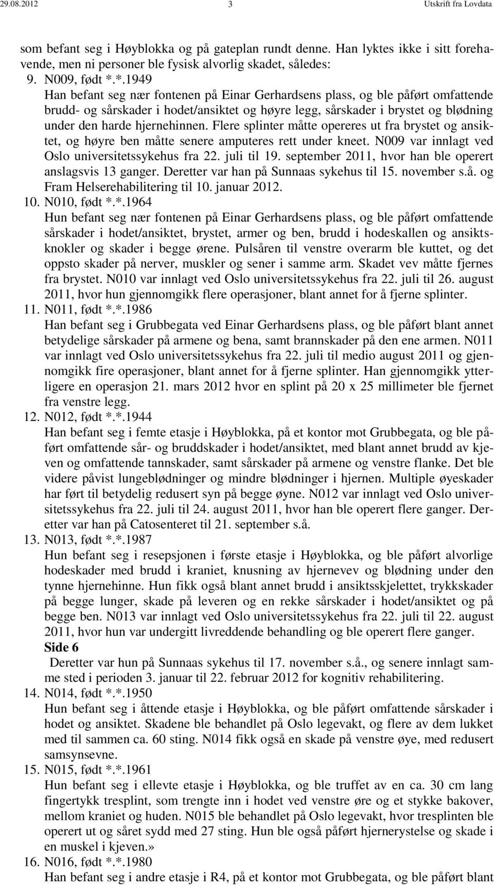 hjernehinnen. Flere splinter måtte opereres ut fra brystet og ansiktet, og høyre ben måtte senere amputeres rett under kneet. N009 var innlagt ved Oslo universitetssykehus fra 22. juli til 19.