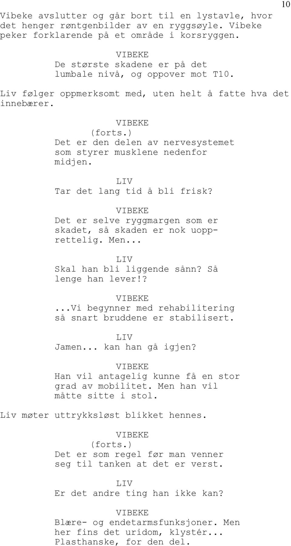 VIBEKE Det er den delen av nervesystemet som styrer musklene nedenfor midjen. Tar det lang tid å bli frisk? VIBEKE Det er selve ryggmargen som er skadet, så skaden er nok uopprettelig. Men.