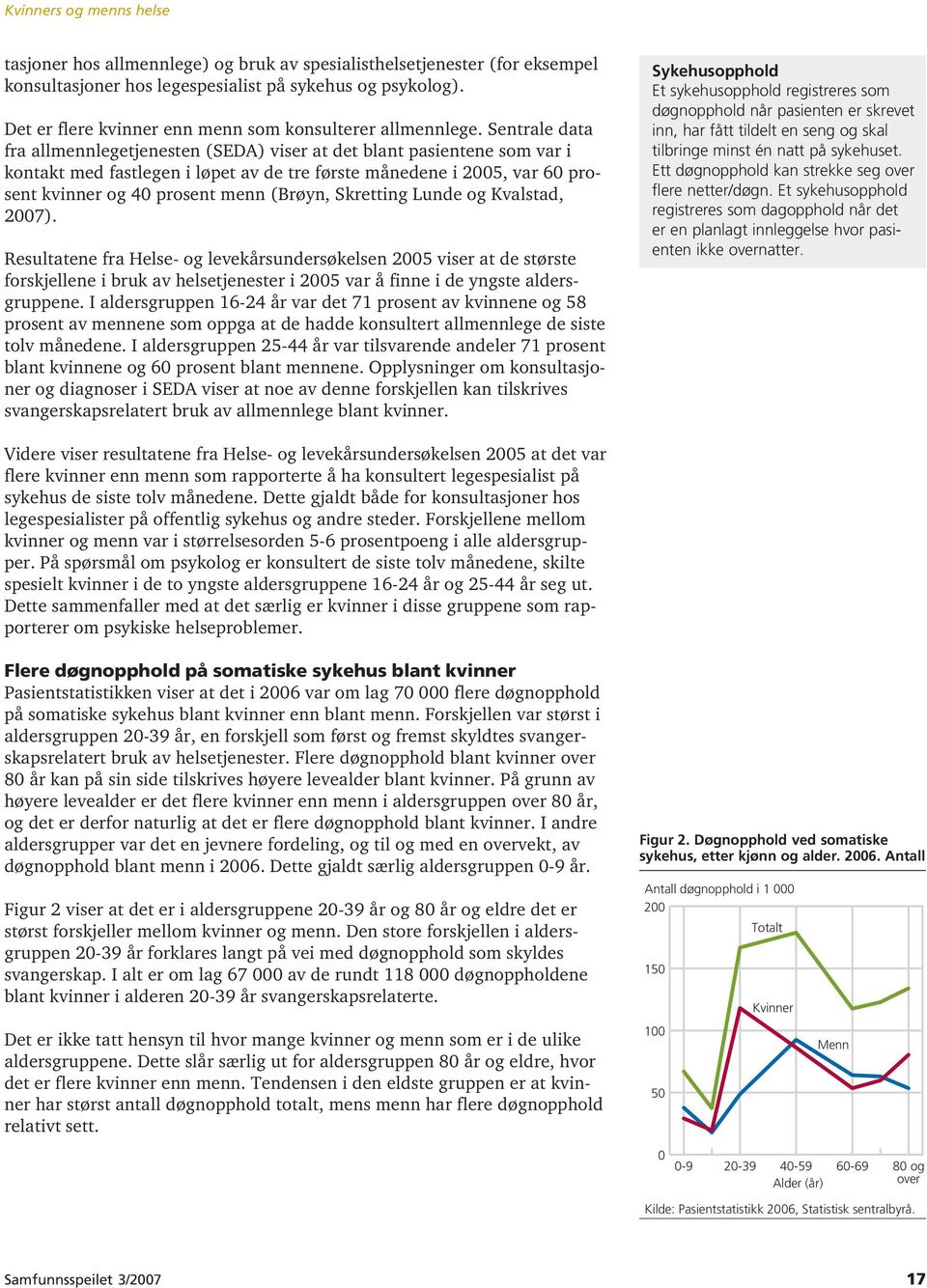 Sentrale data fra allmennlegetjenesten (SEDA) viser at det blant pasientene som var i kontakt med fastlegen i løpet av de tre første månedene i 2005, var 60 prosent kvinner og 40 prosent menn (Brøyn,