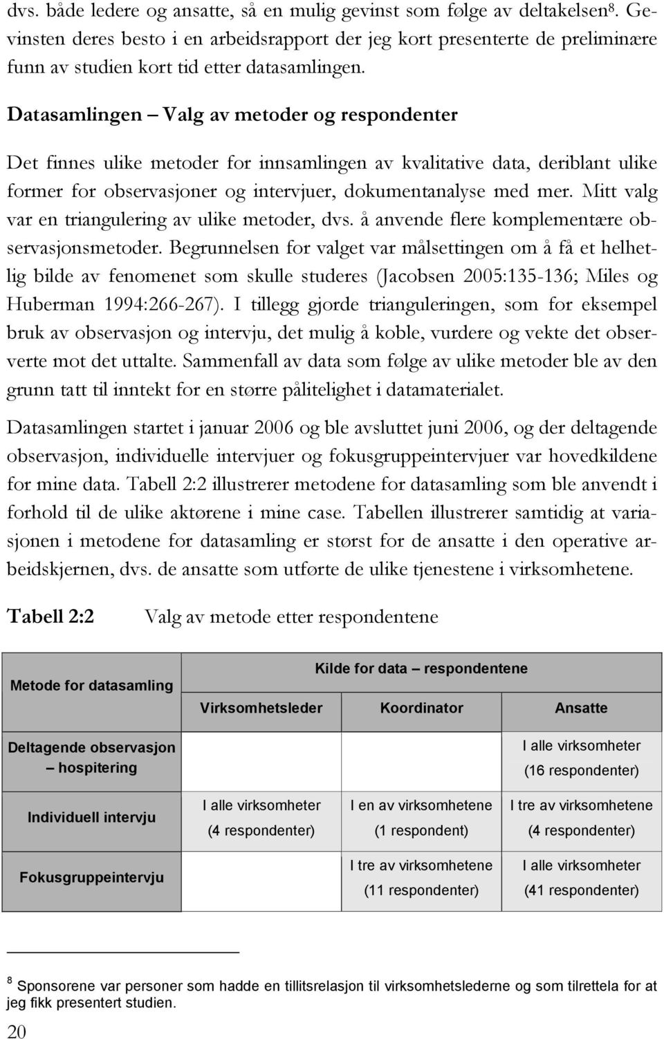 Datasamlingen Valg av metoder og respondenter Det finnes ulike metoder for innsamlingen av kvalitative data, deriblant ulike former for observasjoner og intervjuer, dokumentanalyse med mer.