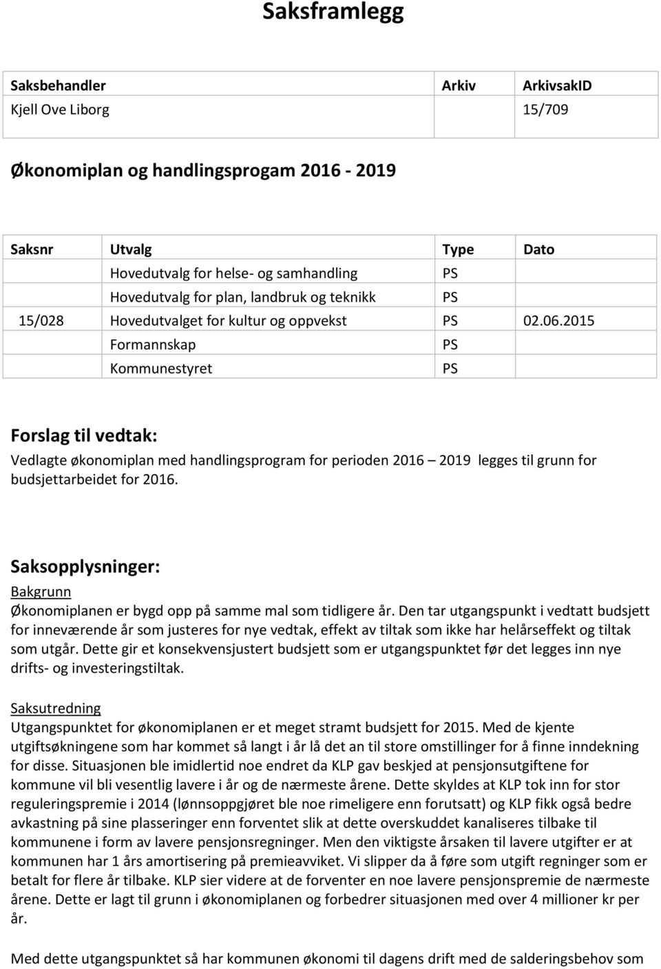 2015 Formannskap Kommunestyret Forslag til vedtak: Vedlagte økonomiplan med handlingsprogram for perioden 2016 2019 legges til grunn for budsjettarbeidet for 2016.