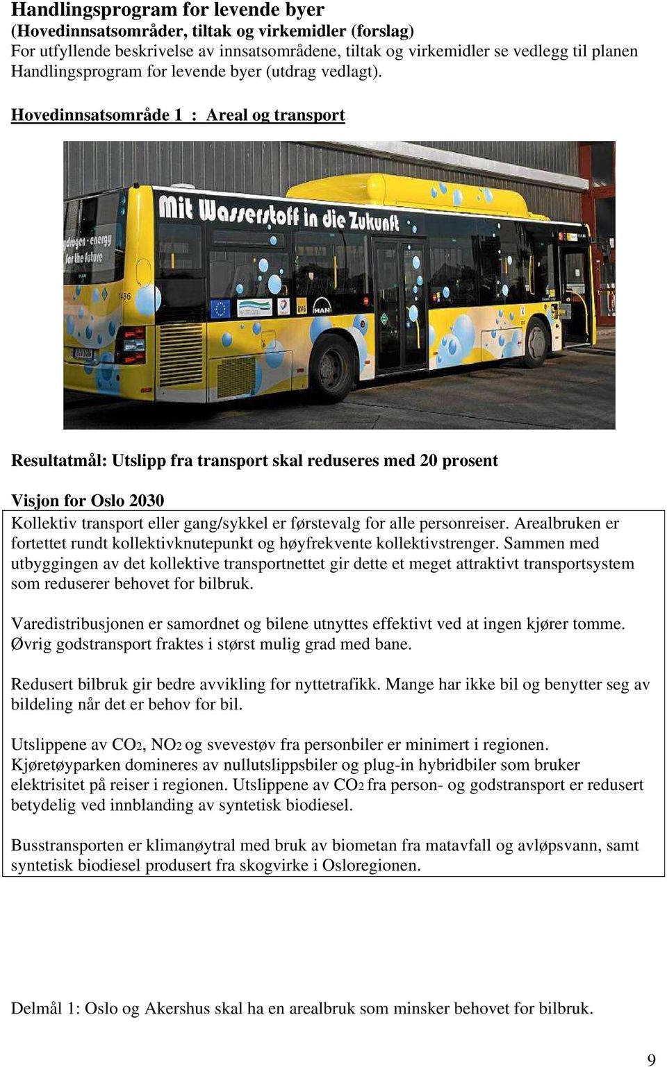 Hovedinnsatsområde 1 : Areal og transport Resultatmål: Utslipp fra transport skal reduseres med 20 prosent Visjon for Oslo 2030 Kollektiv transport eller gang/sykkel er førstevalg for alle