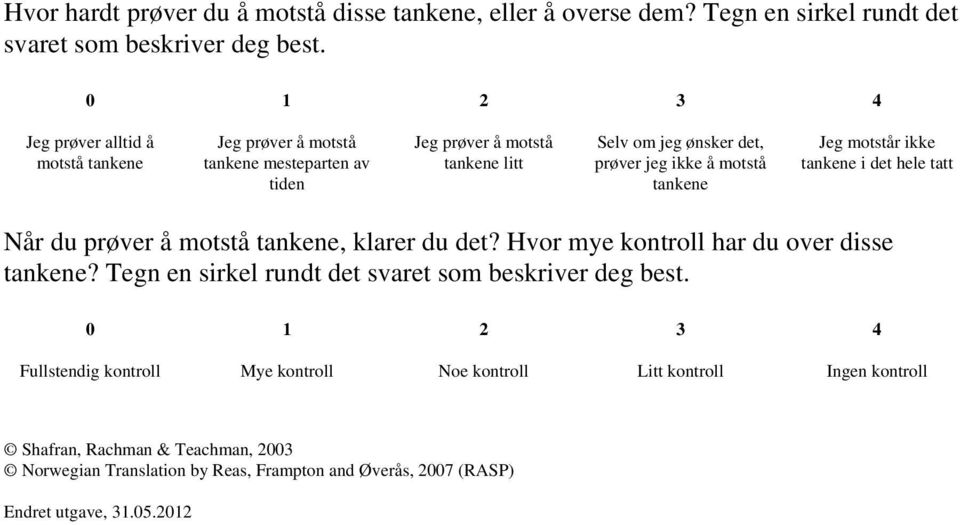 motstå tankene Jeg motstår ikke tankene i det Når du prøver å motstå tankene, klarer du det? Hvor mye kontroll har du over disse tankene?