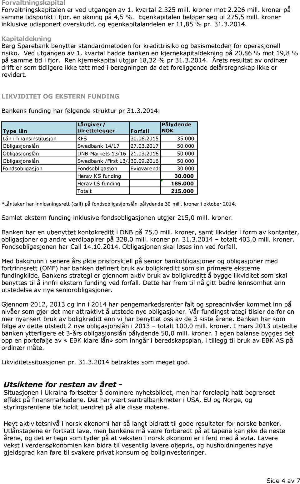 Kapitaldekning Berg Sparebank benytter standardmetoden for kredittrisiko og basismetoden for operasjonell risiko. Ved utgangen av 1.