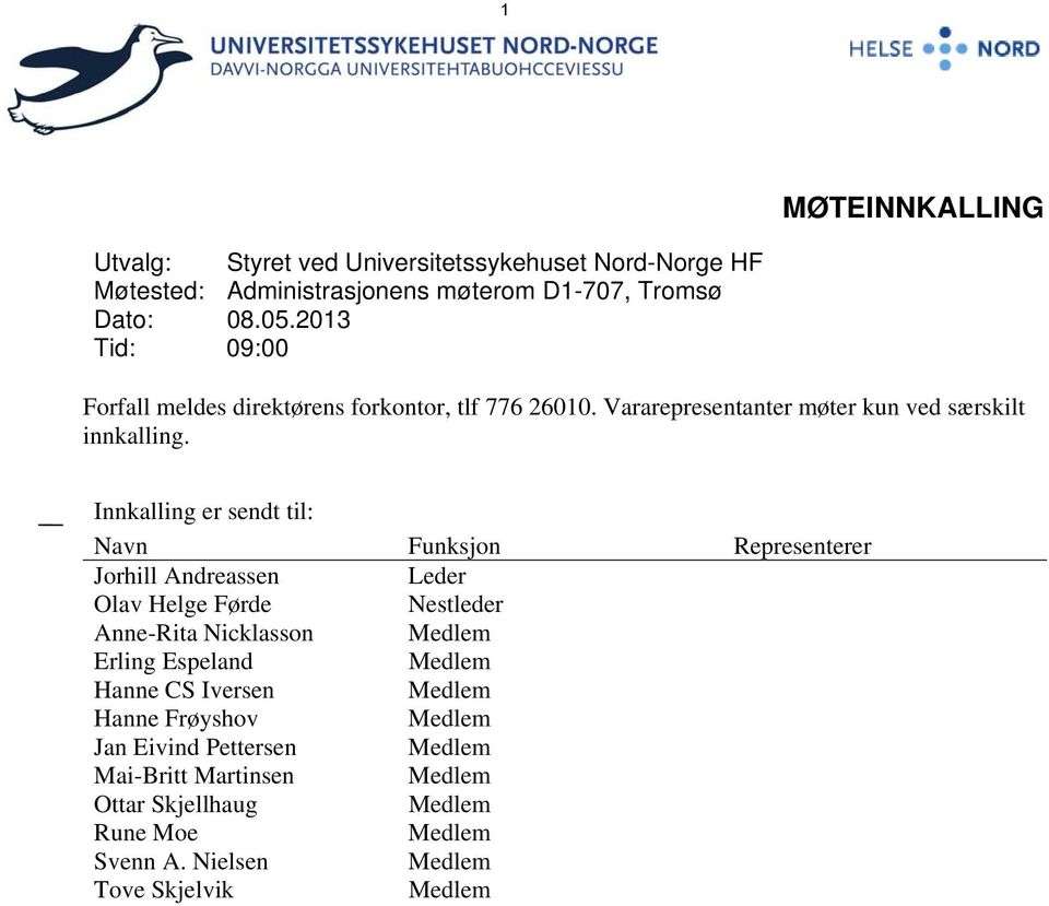 Innkalling er sendt til: Navn Funksjon Representerer Jorhill Andreassen Leder Olav Helge Førde Nestleder Anne-Rita Nicklasson Medlem Erling Espeland