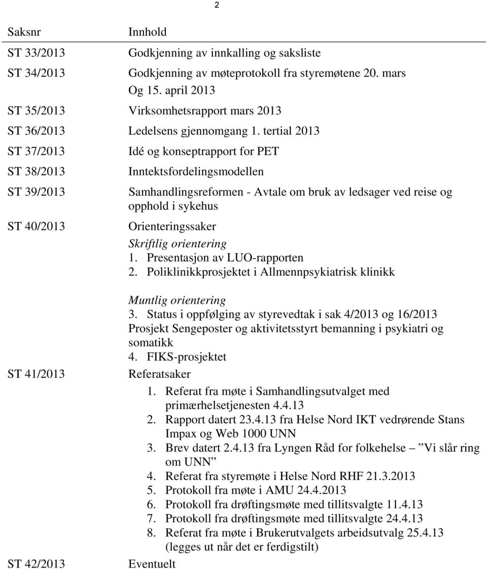 tertial 2013 ST 37/2013 ST 38/2013 ST 39/2013 ST 40/2013 ST 41/2013 ST 42/2013 Idé og konseptrapport for PET Inntektsfordelingsmodellen Samhandlingsreformen - Avtale om bruk av ledsager ved reise og