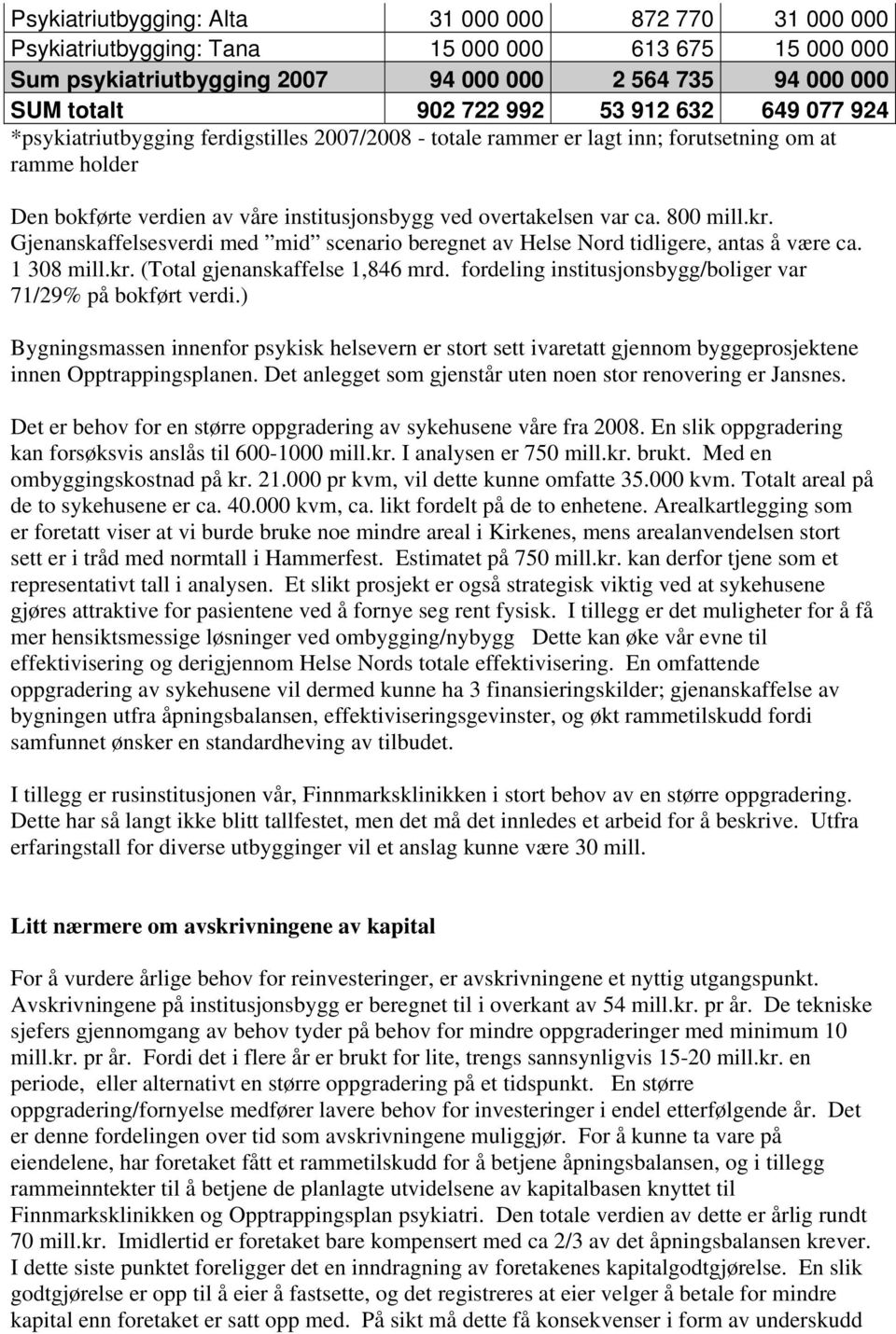 800 mill.kr. Gjenanskaffelsesverdi med mid scenario beregnet av Helse Nord tidligere, antas å være ca. 1 308 mill.kr. (Total gjenanskaffelse 1,846 mrd.