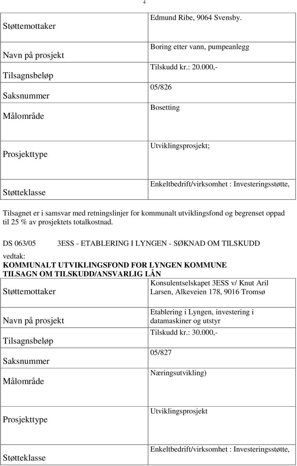 DS 063/05 3ESS - ETABLERING I LYNGEN - SØKNAD OM TILSKUDD Konsulentselskapet 3ESS v/ Knut Aril Larsen,