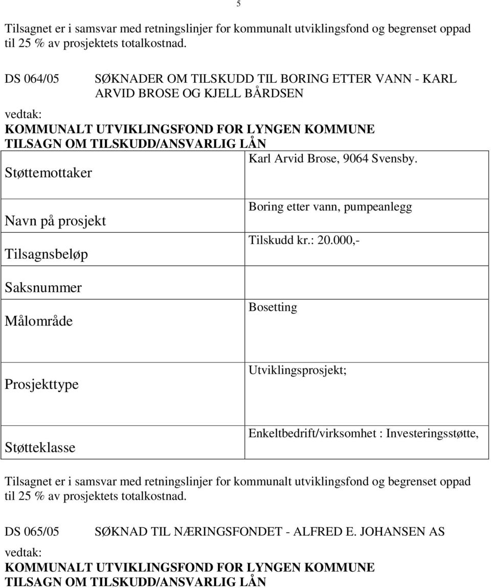 BÅRDSEN Karl Arvid Brose, 9064 Svensby. Boring etter vann, pumpeanlegg Tilskudd kr.