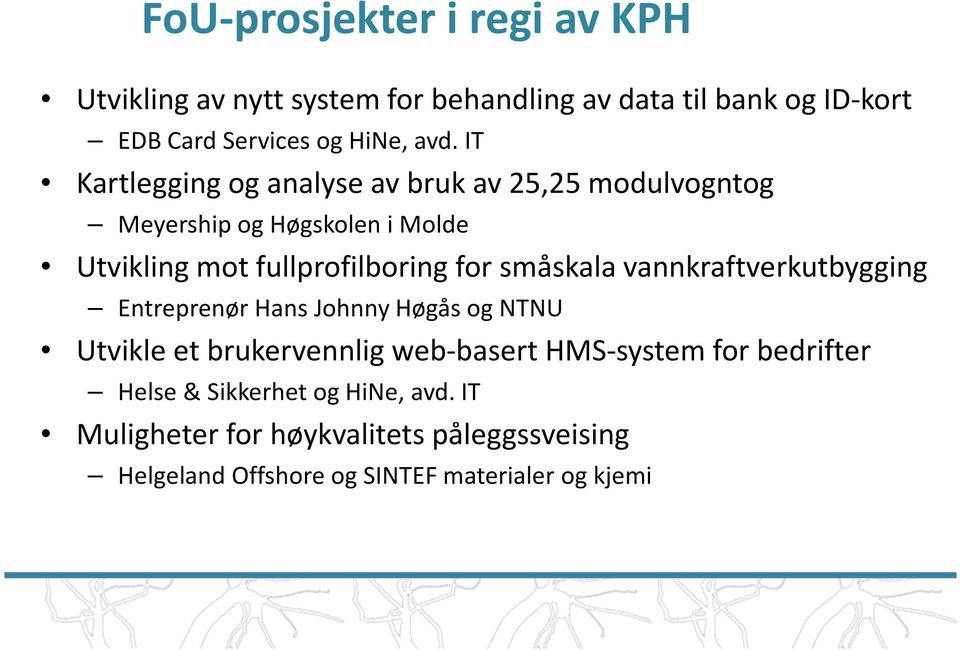 småskala vannkraftverkutbygging Entreprenør Hans Johnny Høgås og NTNU Utvikle et brukervennlig web-basert HMS-system for