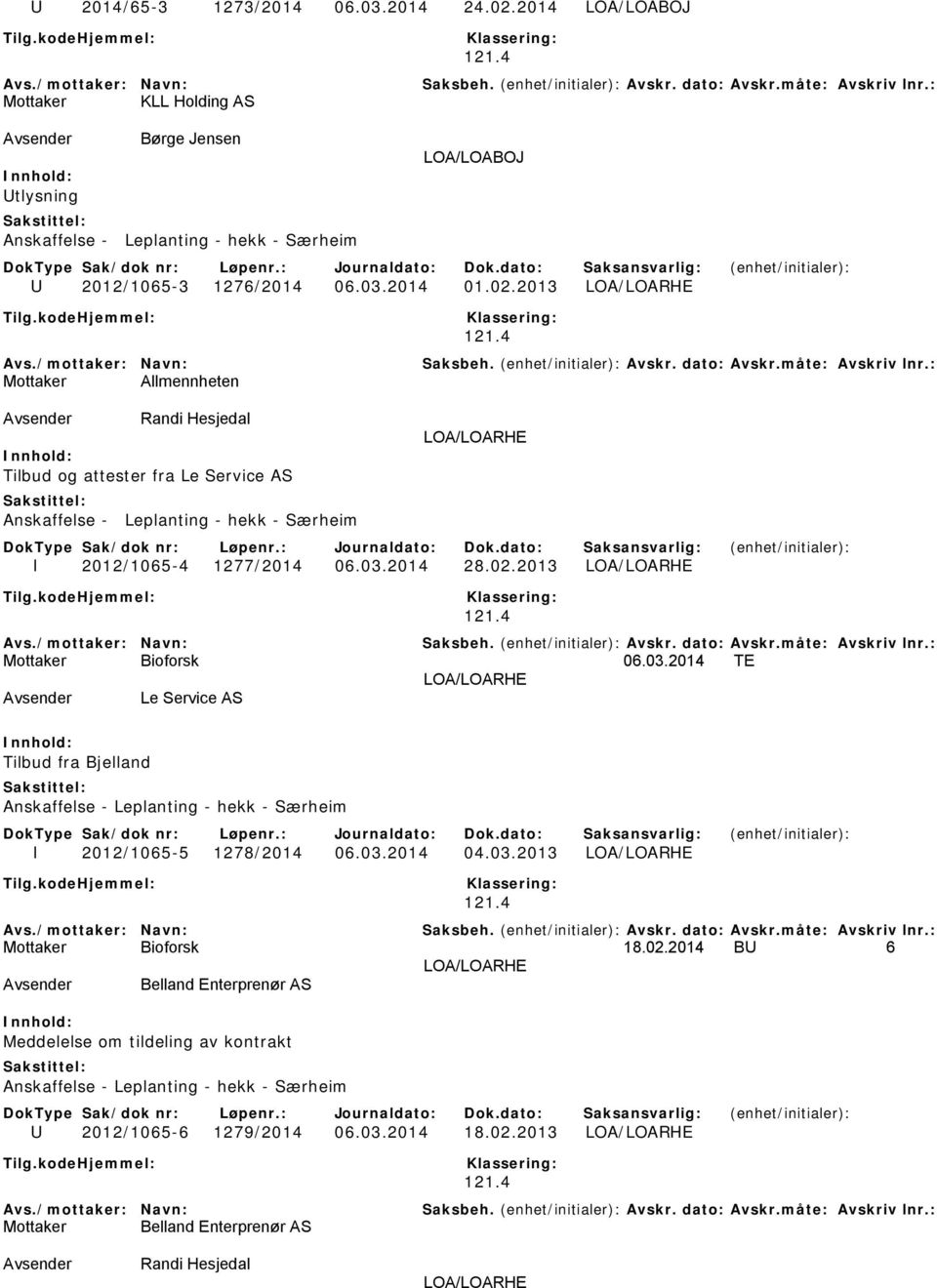 2013 LOA/LOARHE Mottaker Allmennheten Avsender Randi Hesjedal Tilbud og attester fra Le Service AS Anskaffelse - Leplanting - hekk - Særheim LOA/LOARHE I 2012/1065-4 1277/2014 06.03.2014 28.02.