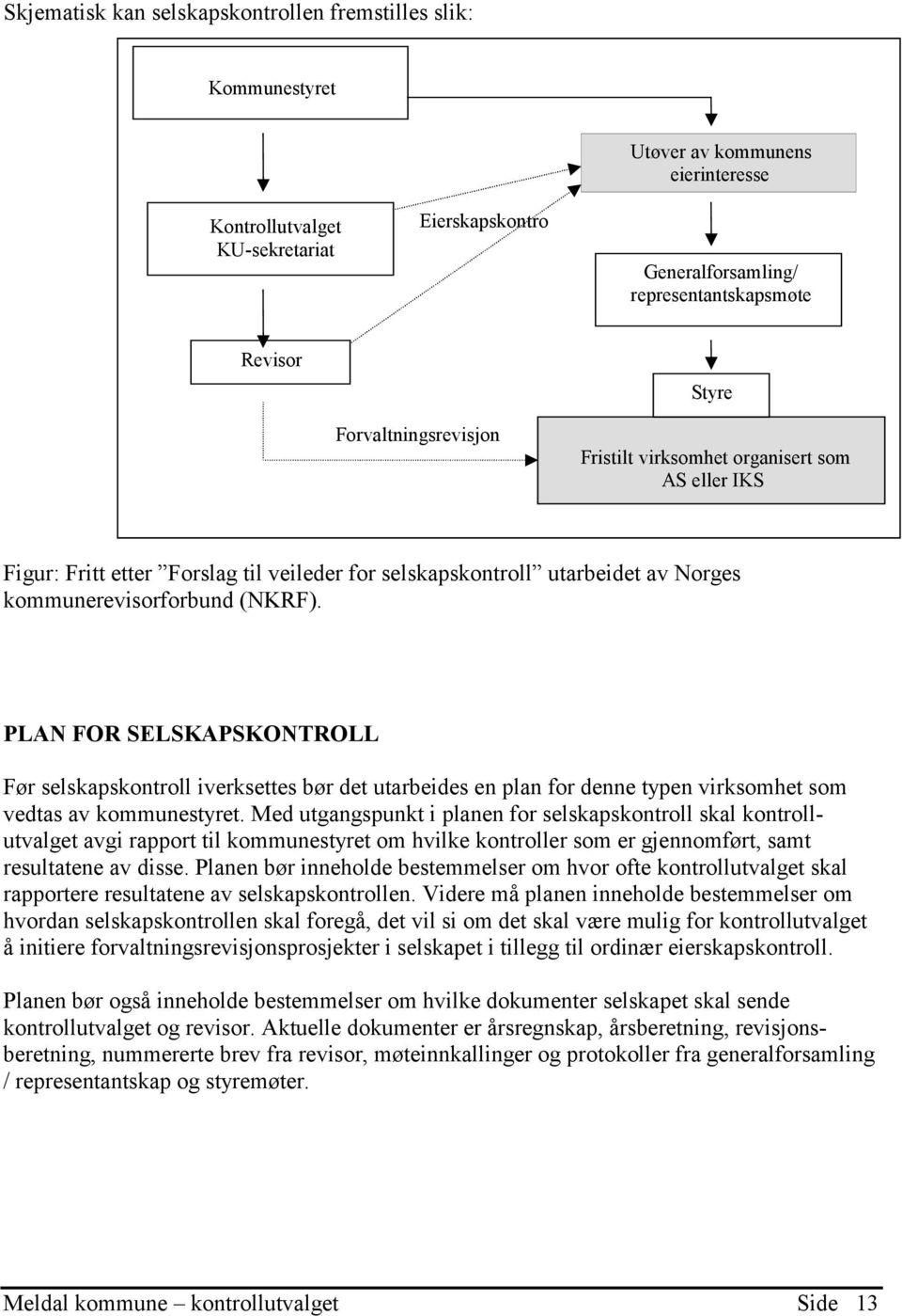 PLAN FOR SELSKAPSKONTROLL Før selskapskontroll iverksettes bør det utarbeides en plan for denne typen virksomhet som vedtas av kommunestyret.