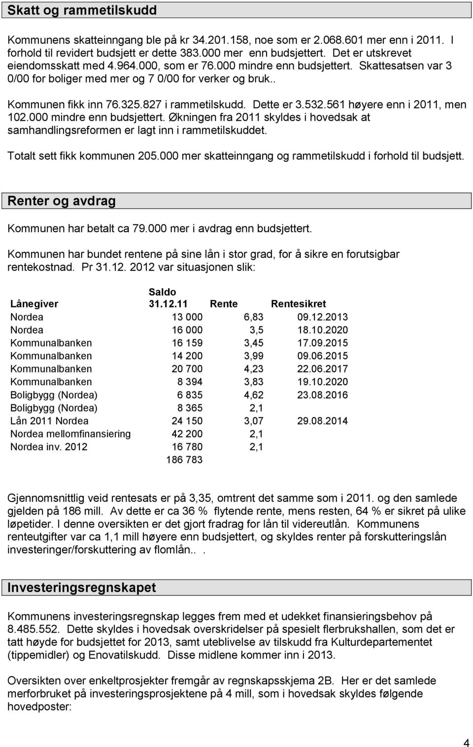 827 i rammetilskudd. Dette er 3.532.561 høyere enn i 2011, men 102.000 mindre enn budsjettert. Økningen fra 2011 skyldes i hovedsak at samhandlingsreformen er lagt inn i rammetilskuddet.