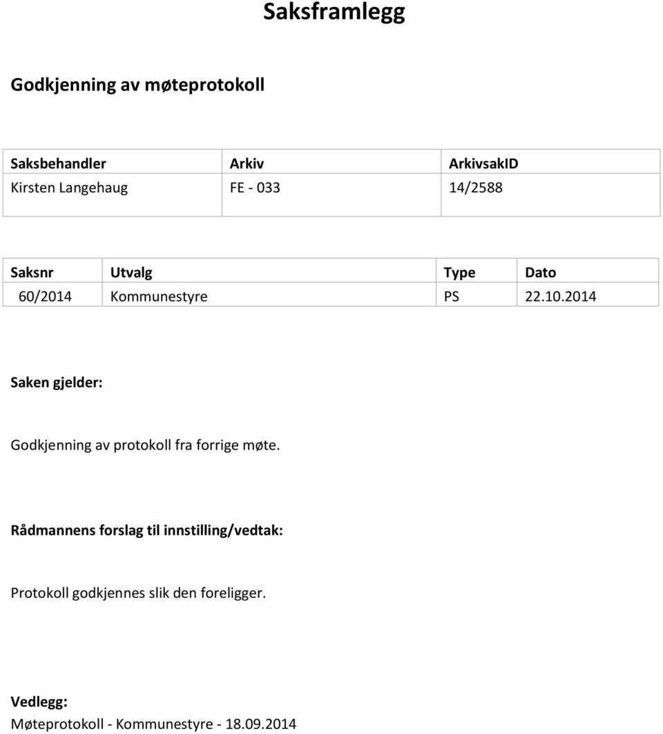 2014 Saken gjelder: Godkjenning av protokoll fra forrige møte.