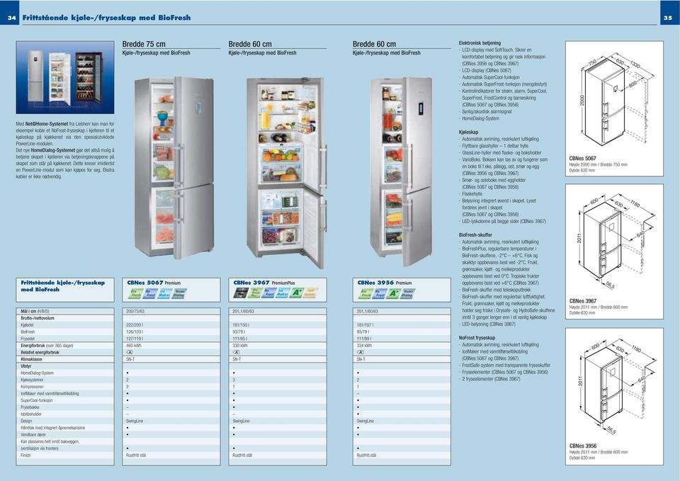 Ekstra kaber er ikke nødvendig. Bredde 75 c Kjøe-/fryseskap ed BioFresh Bredde 0 c Kjøe-/fryseskap ed BioFresh Bredde 0 c Kjøe-/fryseskap ed BioFresh LCD-dispay ed SoftTouch.