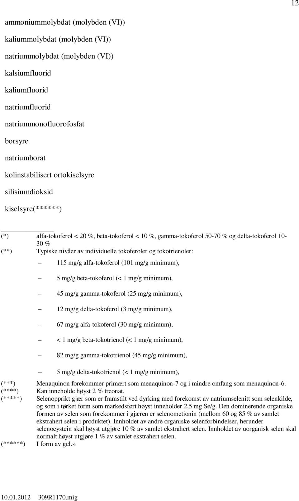 individuelle tokoferoler og tokotrienoler: 115 mg/g alfa-tokoferol (101 mg/g minimum), 5 mg/g beta-tokoferol (< 1 mg/g minimum), 45 mg/g gamma-tokoferol (25 mg/g minimum), 12 mg/g delta-tokoferol (3