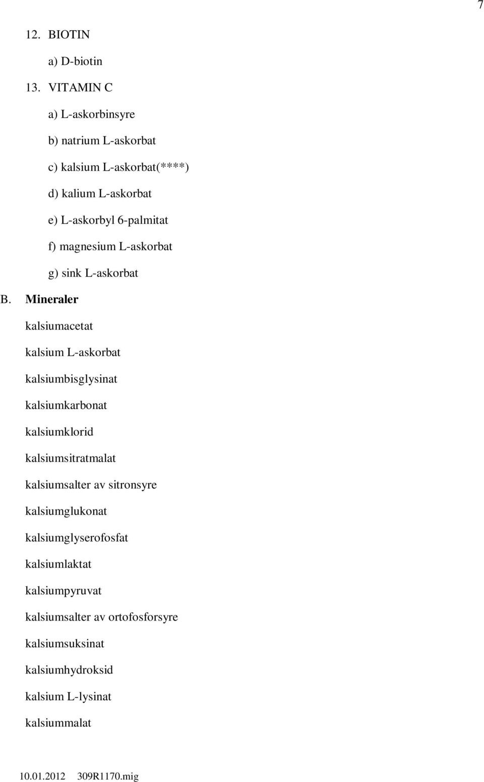 f) magnesium L-askorbat g) sink L-askorbat B.