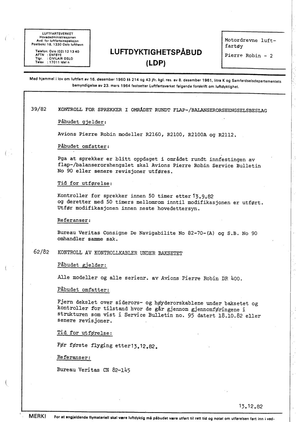 desember 1961, litre K og Samferdselsdepertementets bemyndigelse ev 23. mers 1964 fastsetter Luftfertsverket følgende forskrift om luftdyktighei.