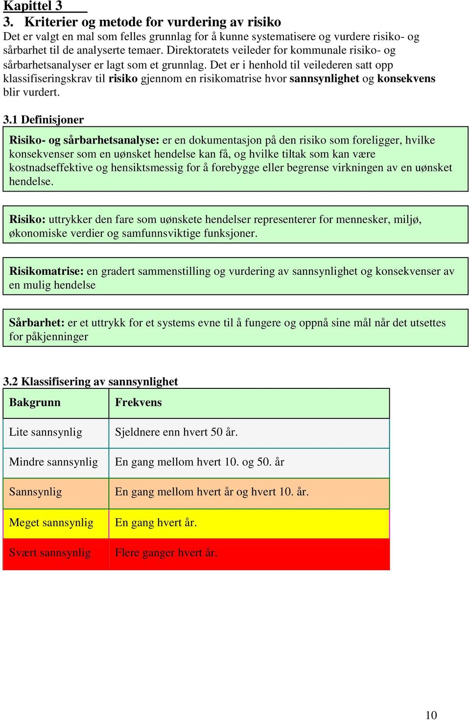 Det er i henhold til veilederen satt opp klassifiseringskrav til risiko gjennom en risikomatrise hvor sannsynlighet og konsekvens blir vurdert. 3.