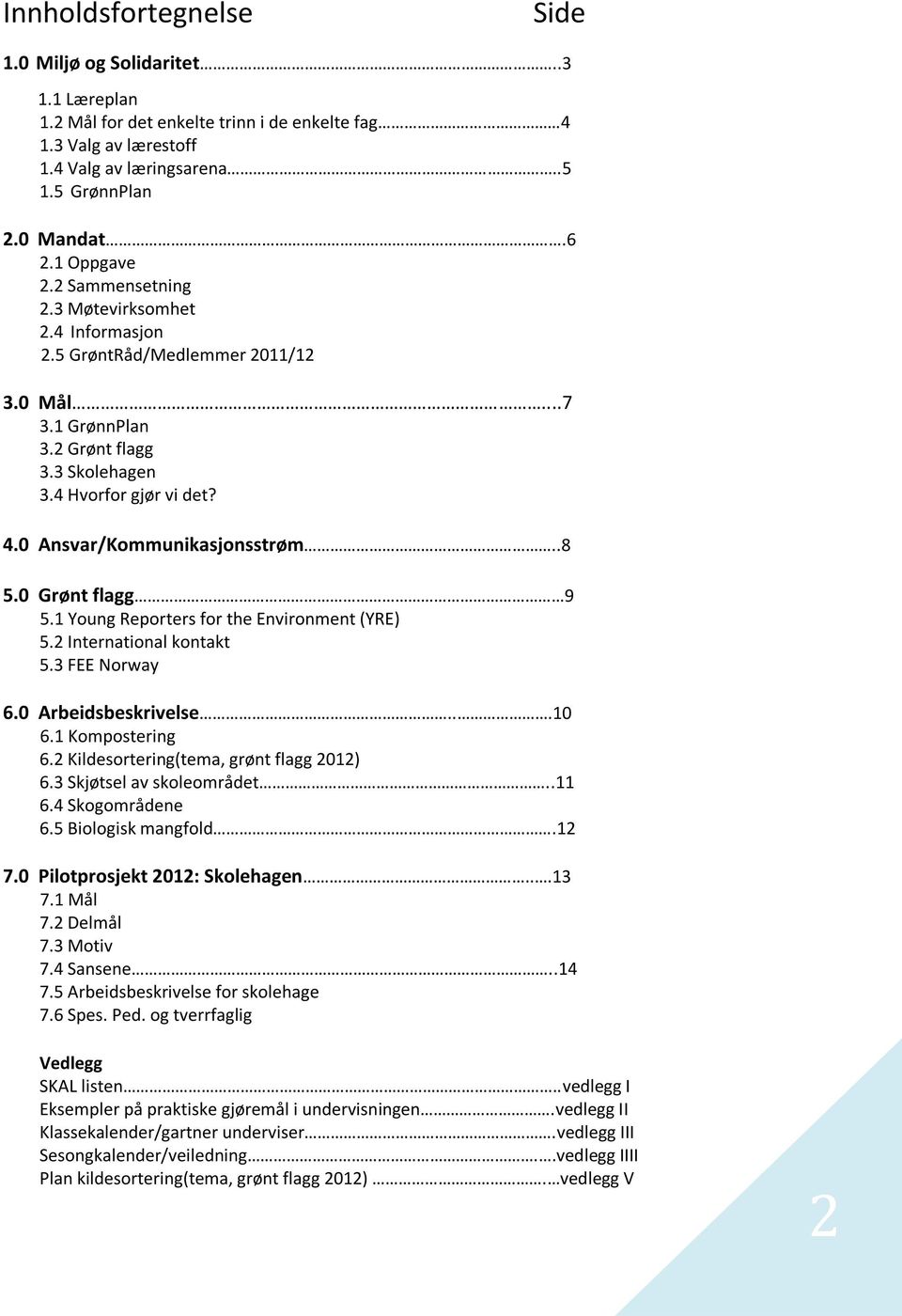 0 Ansvar/Kommunikasjonsstrøm..8 5.0 Grønt flagg 9 5.1 Young Reporters for the Environment (YRE) 5.2 International kontakt 5.3 FEE Norway 6.0 Arbeidsbeskrivelse...10 6.1 Kompostering 6.