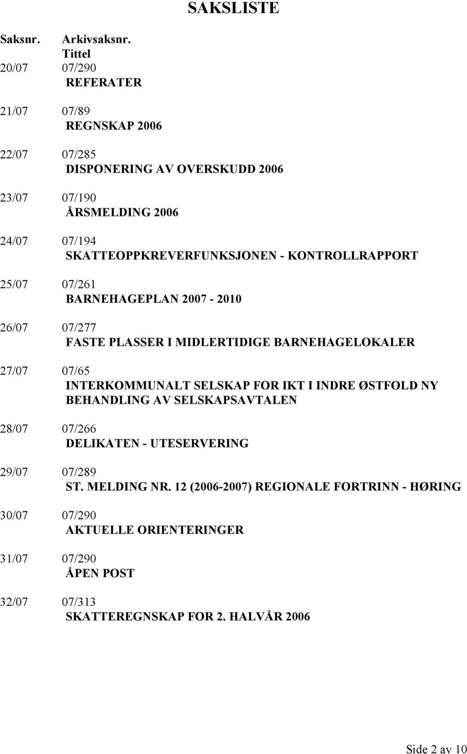 SKATTEOPPKREVERFUNKSJONEN - KONTROLLRAPPORT 25/07 07/261 BARNEHAGEPLAN 2007-2010 26/07 07/277 FASTE PLASSER I MIDLERTIDIGE BARNEHAGELOKALER 27/07 07/65