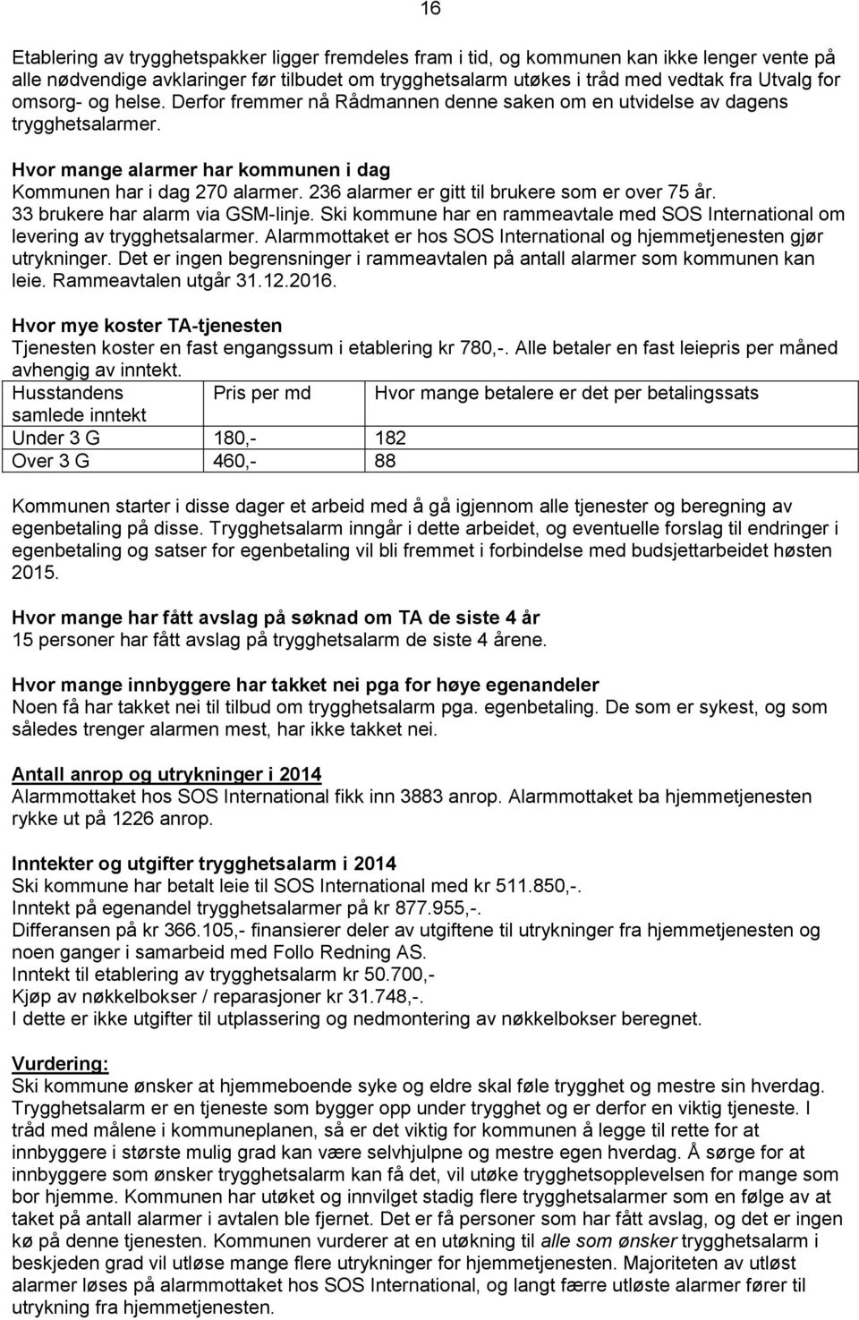 236 alarmer er gitt til brukere som er over 75 år. 33 brukere har alarm via GSM-linje. Ski kommune har en rammeavtale med SOS International om levering av trygghetsalarmer.