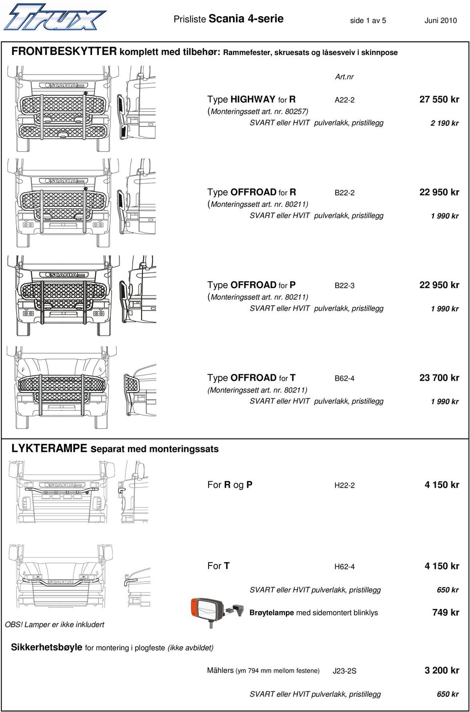 80257) 2 190 kr Type OFFROAD for R B22-2 22 950 kr Type OFFROAD for P B22-22 950 kr Type OFFROAD for T B62-4 2 700 kr LYKTERAMPE separat med