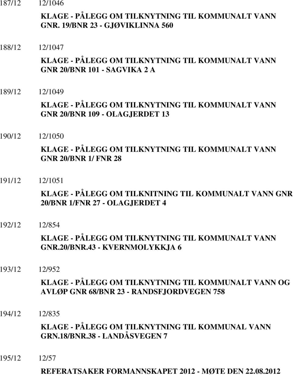 - OLAGJERDET 13 190/12 12/1050 KLAGE - PÅLEGG OM TILKNYTNING TIL KOMMUNALT VANN GNR 20/BNR 1/ FNR 28 191/12 12/1051 KLAGE - PÅLEGG OM TILKNITNING TIL KOMMUNALT VANN GNR 20/BNR 1/FNR 27 - OLAGJERDET 4