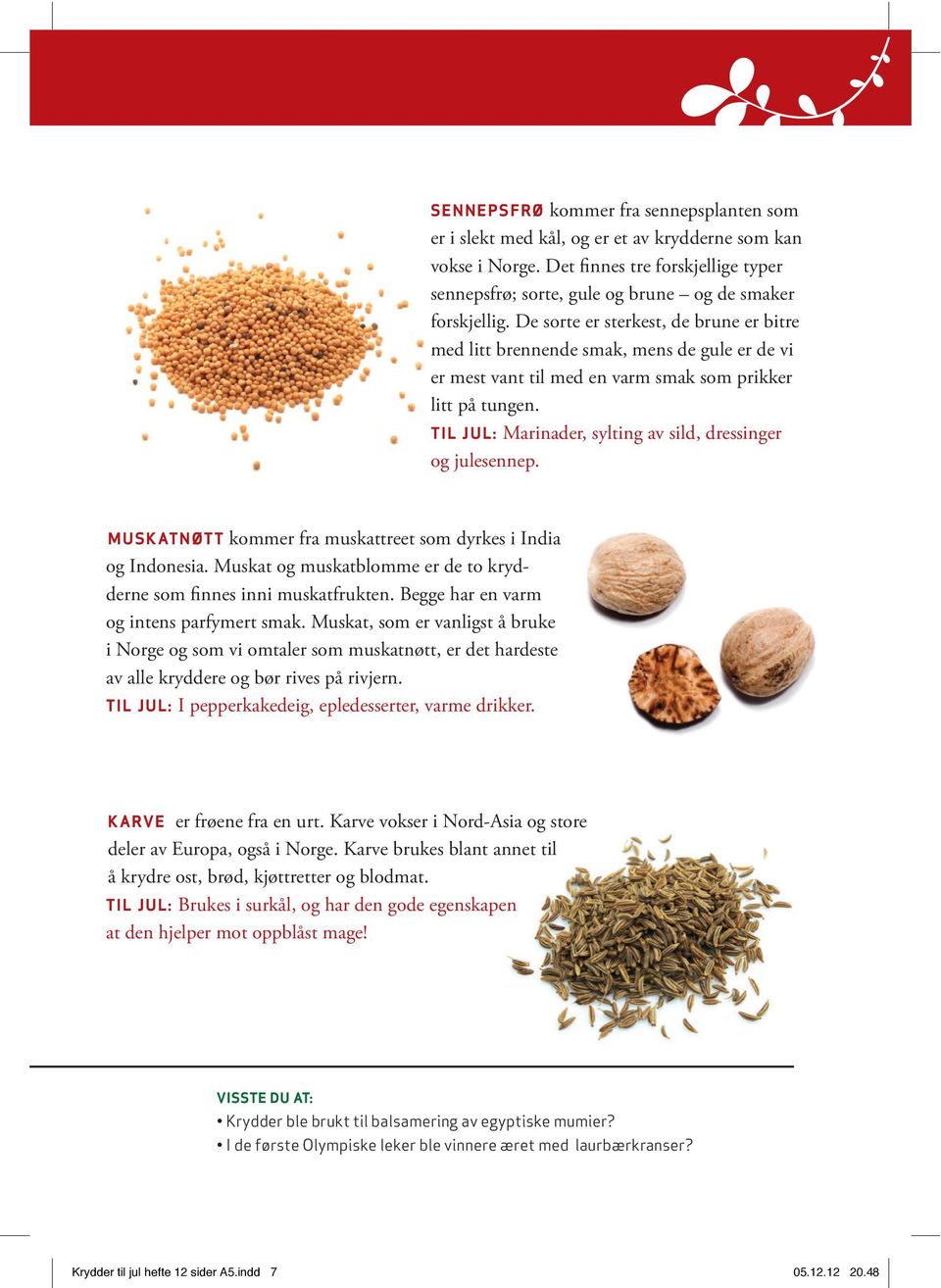TIL JUL: Marinader, sylting av sild, dressinger og julesennep. MUSKATNØTT kommer fra muskattreet som dyrkes i India og Indonesia.