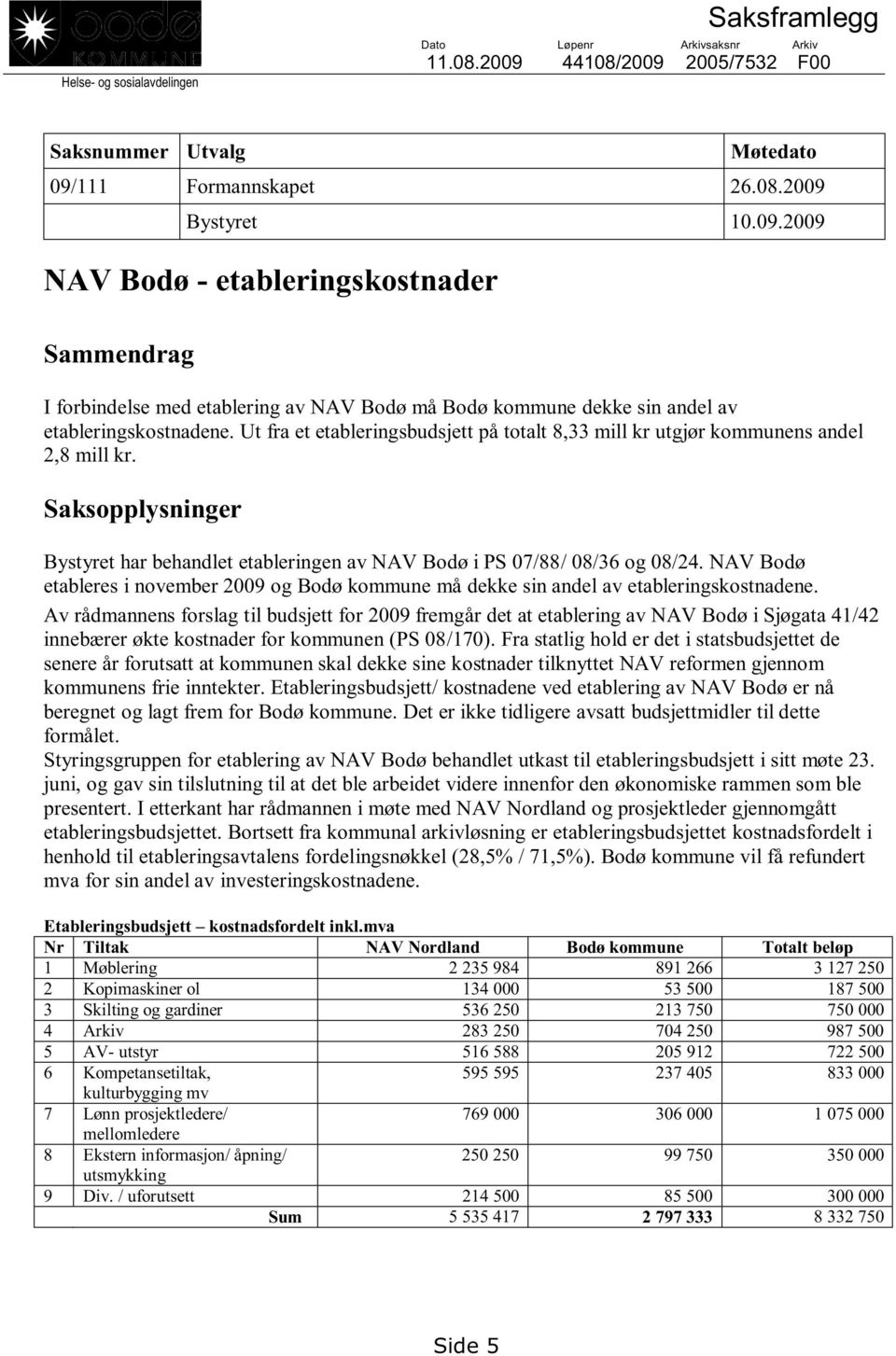 Ut fra et etableringsbudsjett på totalt 8,33 mill kr utgjør kommunens andel 2,8 mill kr. Saksopplysninger Bystyret har behandlet etableringen av NAV Bodø i PS 07/88/ 08/36 og 08/24.