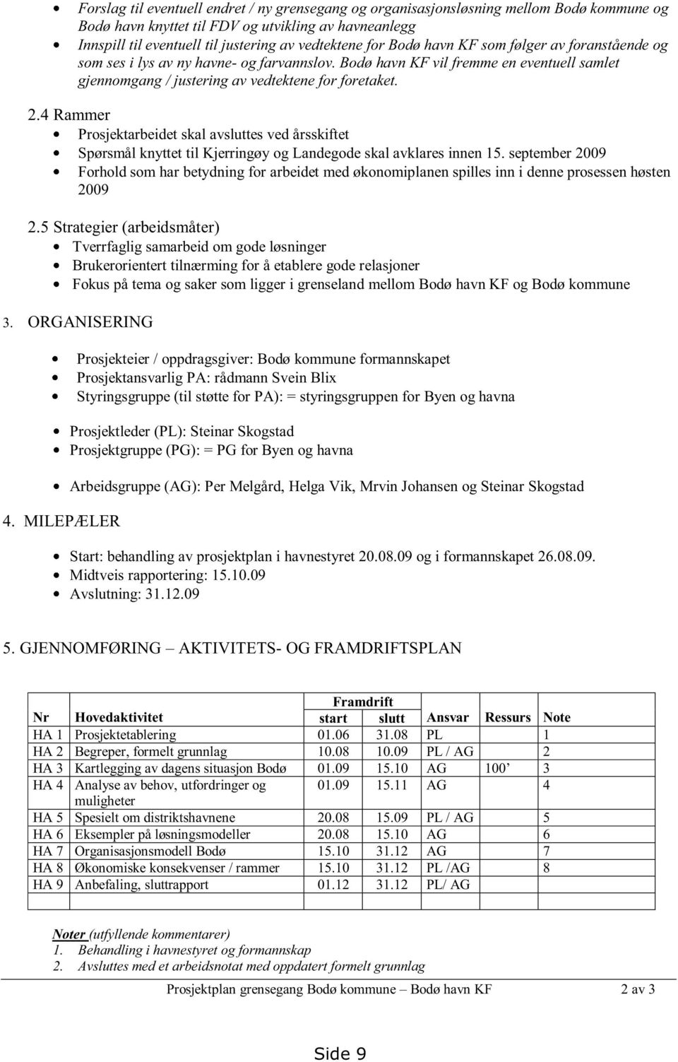 4 Rammer Prosjektarbeidet skal avsluttes ved årsskiftet Spørsmål knyttet til Kjerringøy og Landegode skal avklares innen 15.