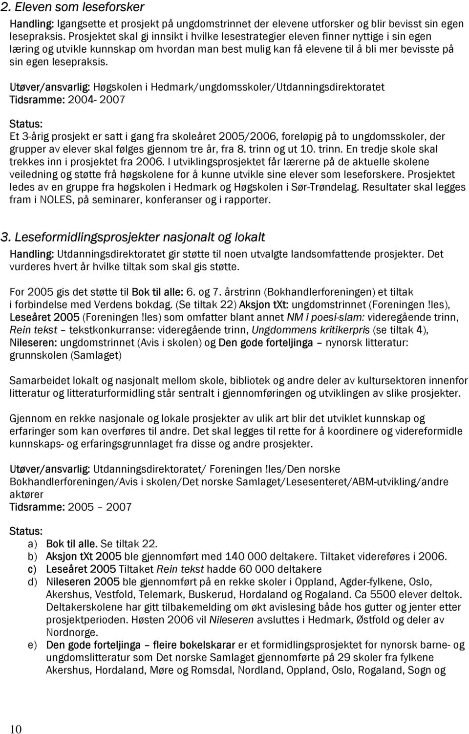 Utøver/ansvarlig: Høgskolen i Hedmark/ungdomsskoler/Utdanningsdirektoratet Tidsramme: 2004-2007 Et 3-årig prosjekt er satt i gang fra skoleåret 2005/2006, foreløpig på to ungdomsskoler, der grupper