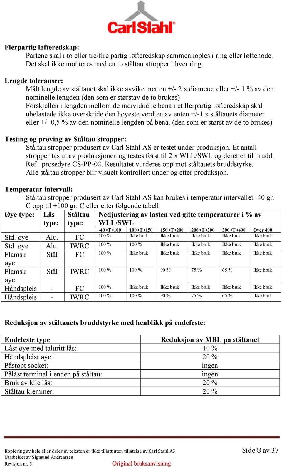 individuelle bena i et flerpartig løfteredskap skal ubelastede ikke overskride den høyeste verdien av enten +/-1 x ståltauets diameter eller +/- 0,5 % av den nominelle lengden på bena.