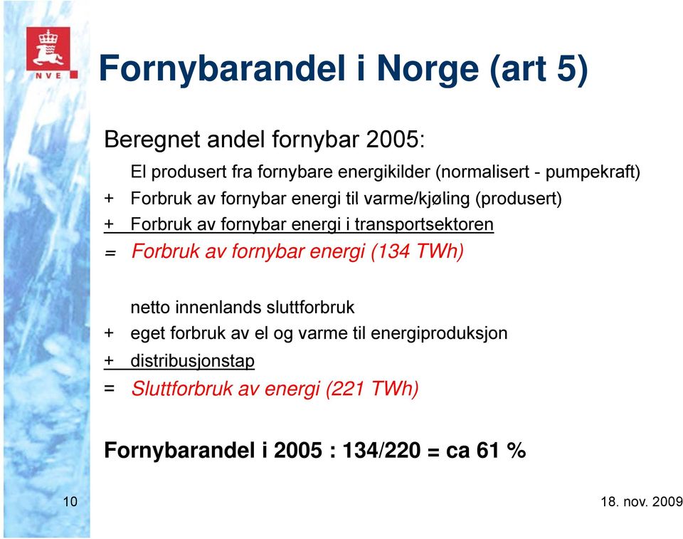 transportsektoren = Forbruk av fornybar energi (134 TWh) netto innenlands sluttforbruk + eget forbruk av el og varme