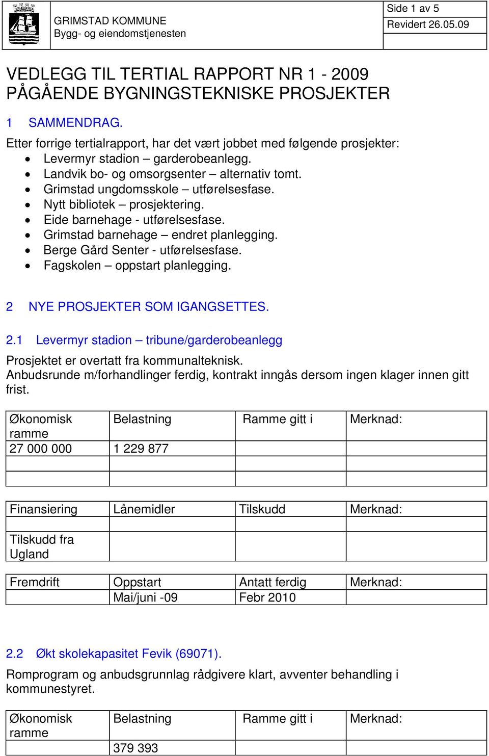 Nytt bibliotek prosjektering. Eide barnehage - utførelsesfase. Grimstad barnehage endret planlegging. Berge Gård Senter - utførelsesfase. Fagskolen oppstart planlegging.