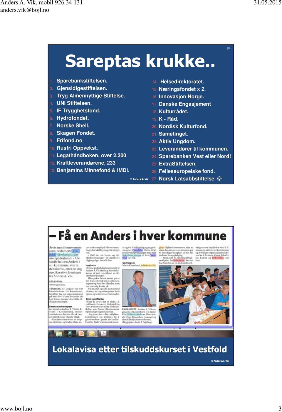 Næringsfondet x 2. 16. Innovasjon Norge. 17. Danske Engasjement 18. Kulturrådet. 19. K - Råd. 20. Nordisk Kulturfond. 21. Sametinget. 22. Aktiv Ungdom. 23.