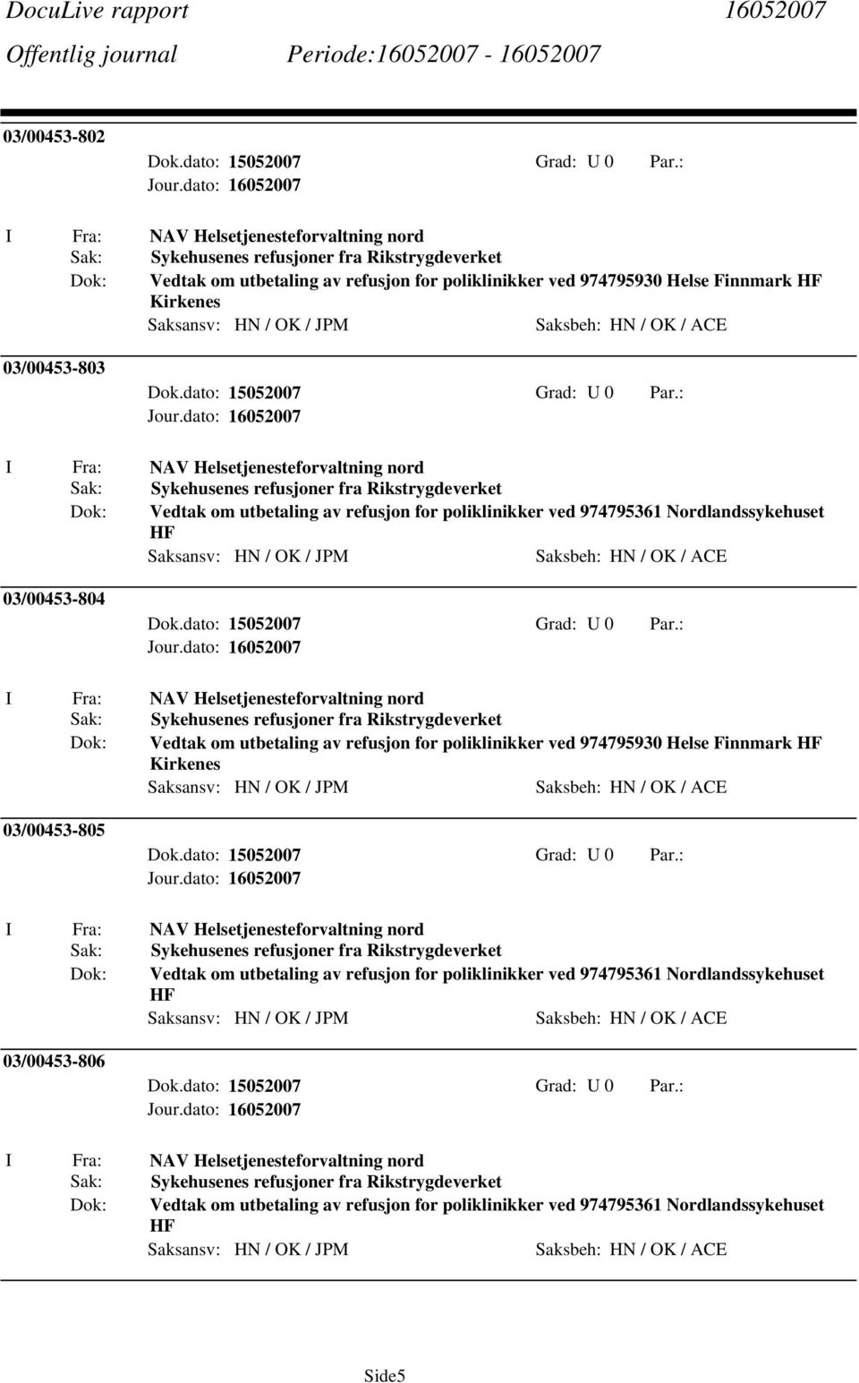 poliklinikker ved 974795930 Helse Finnmark HF Kirkenes 03/00453-805 Dok: Vedtak om utbetaling av refusjon for poliklinikker ved