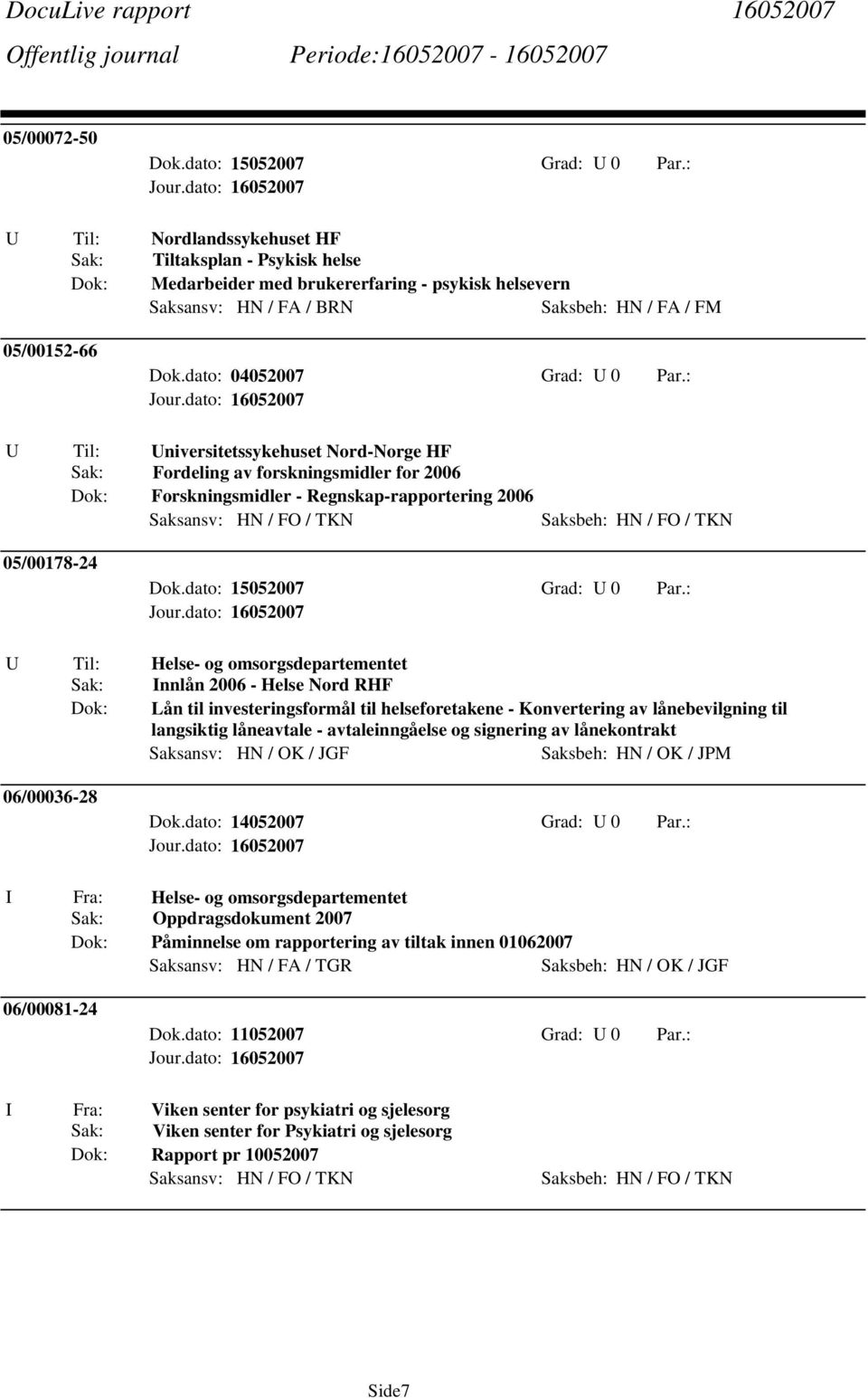 : U Til: Universitetssykehuset Nord-Norge HF Sak: Fordeling av forskningsmidler for 2006 Dok: Forskningsmidler - Regnskap-rapportering 2006 Saksansv: HN / FO / TKN Saksbeh: HN / FO / TKN 05/00178-24