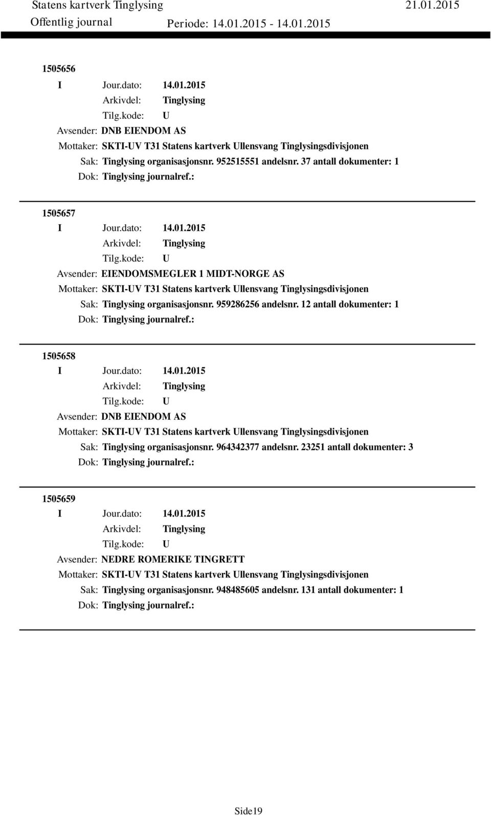 12 antall dokumenter: 1 Dok: journalref.: 1505658 Avsender: DNB EIENDOM AS Mottaker: SKTI-V T31 Statens kartverk llensvang sdivisjonen Sak: organisasjonsnr. 964342377 andelsnr.