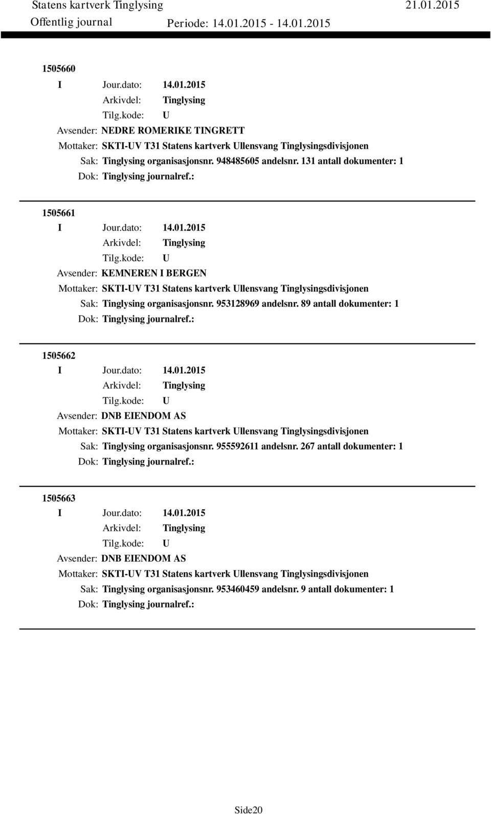 89 antall dokumenter: 1 Dok: journalref.: 1505662 Avsender: DNB EIENDOM AS Mottaker: SKTI-V T31 Statens kartverk llensvang sdivisjonen Sak: organisasjonsnr. 955592611 andelsnr.