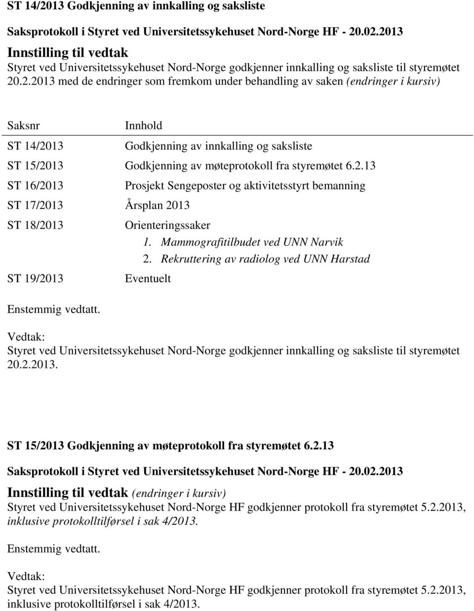 .2.2013 med de endringer som fremkom under behandling av saken (endringer i kursiv) Saksnr Innhold 13 Godkjenning av innkalling og saksliste ST 15/2013 Godkjenning av møteprotokoll fra styremøtet 6.2.13 ST 16/2013 Prosjekt Sengeposter og aktivitetsstyrt bemanning ST 17/2013 Årsplan 2013 ST 18/2013 Orienteringssaker 1.