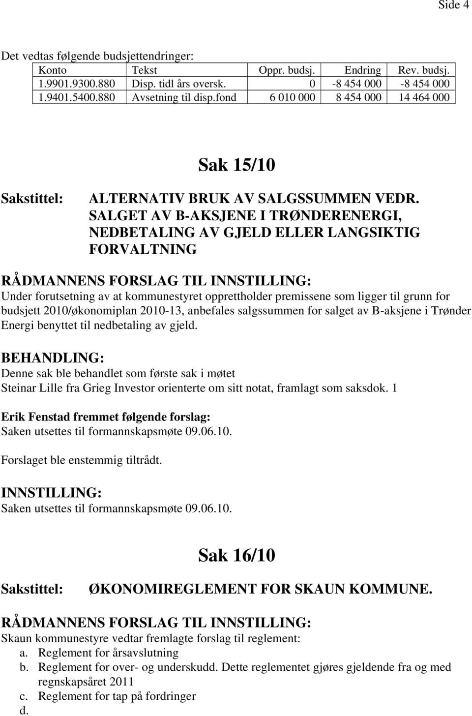 SALGET AV B-AKSJENE I TRØNDERENERGI, NEDBETALING AV GJELD ELLER LANGSIKTIG FORVALTNING RÅDMANNENS FORSLAG TIL Under forutsetning av at kommunestyret opprettholder premissene som ligger til grunn for