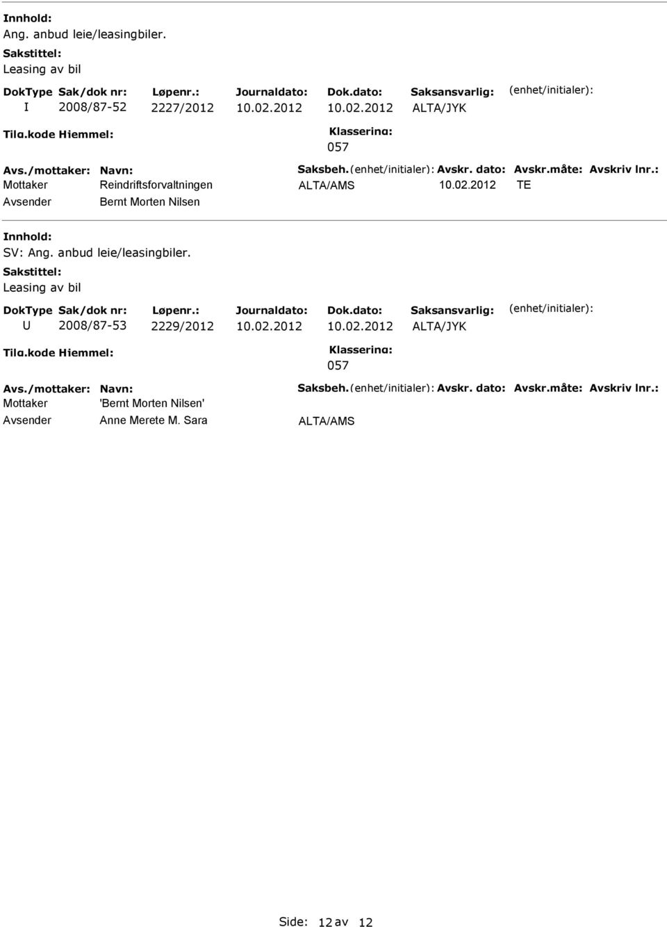 2012 TE Bernt Morten Nilsen SV: Ang. anbud leie/leasingbiler. Leasing av bil 2008/87-53 2229/2012 10.02.