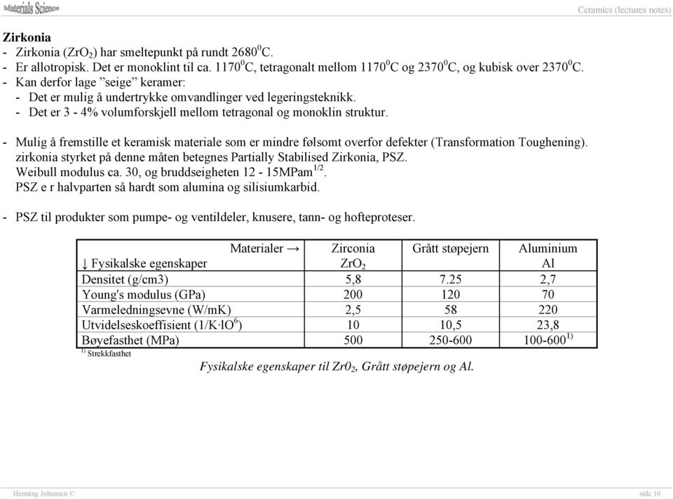 - Mulig å fremstille et keramisk materiale som er mindre følsomt overfor defekter (Transformation Toughening). zirkonia styrket på denne måten betegnes Partially Stabilised Zirkonia, PSZ.